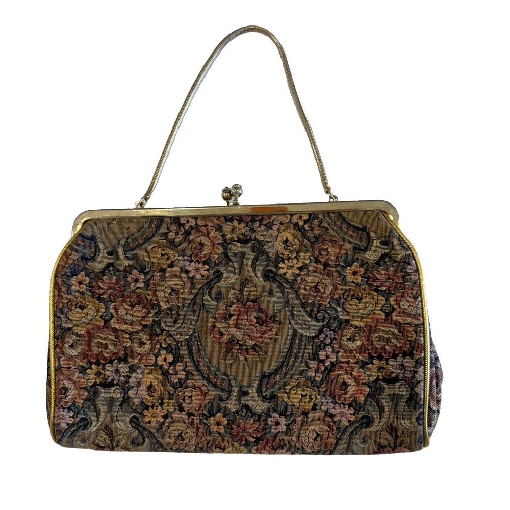 Vintage Harry Levine HL USA Floral Tapestry Handbag Gold Chain Frame Purse 1960s